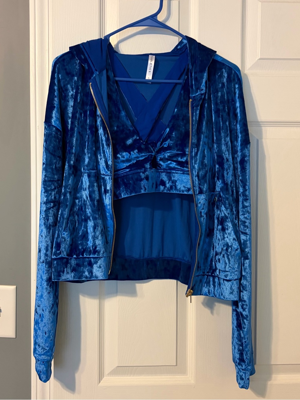 Fabletics Royal Blue Crushed Velour Zip Hoodie and Sports Bra Set S